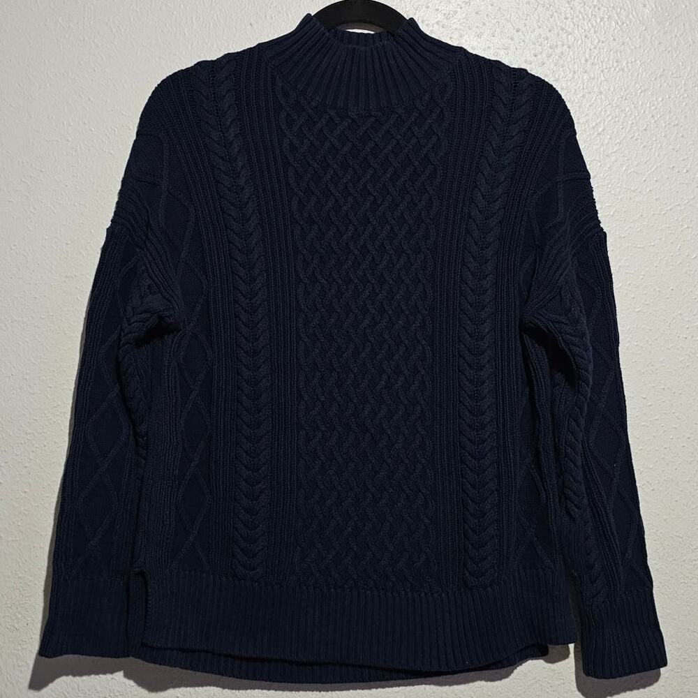 J. Crew Long cotton cable knit mockneck sweater Women xxs BD709 Navy Blue Cotton
